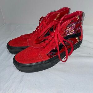 Vans Red High-Top Sneakers with Floral Panels and Black Sole